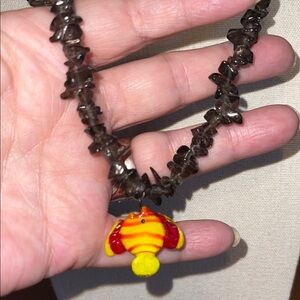 Black Beaded Necklace with Yellow Fish Pendant